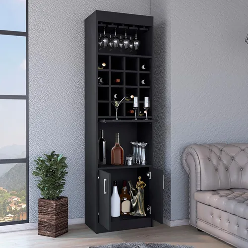 Vista 3 de Armario alto de bar con 16 estantes para vino y soporte para vasos, armario de licor de granja con 2 puertas, estante abierto, bandeja extraíble