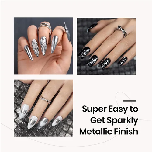 Vista 8 de Beetles - Esmalte de uñas de gel, 1 unidad de 0.5 onzas líquidas de color negro Audrey, lámpara de uñas de gel con polvo de uñas cromado, efecto