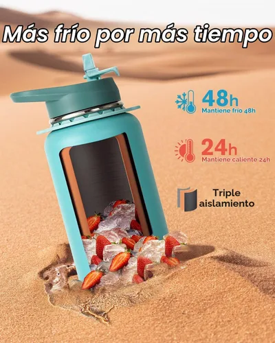 Vista 2 de Botella de agua Coolflask de 40 onzas con correa, botella de agua metálica aislada con popote y tapas con pico, acero inoxidable de doble pared al
