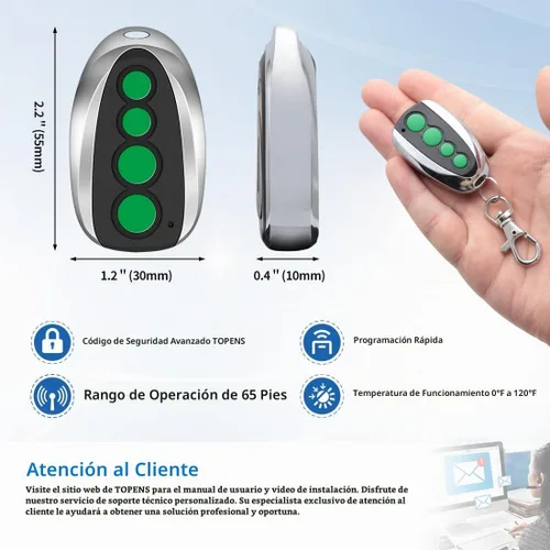 Vista 7 de TOPENS M12 - Transmisor de 4 botones con control remoto para abridor automático de puerta corredera oscilante, paquete de 2 unidades, transmisor