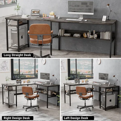 Vista 6 de Unikito Escritorio reversible en forma de L con tomas de corriente mágicas y puertos de carga USB, escritorio de esquina para computadora resistente