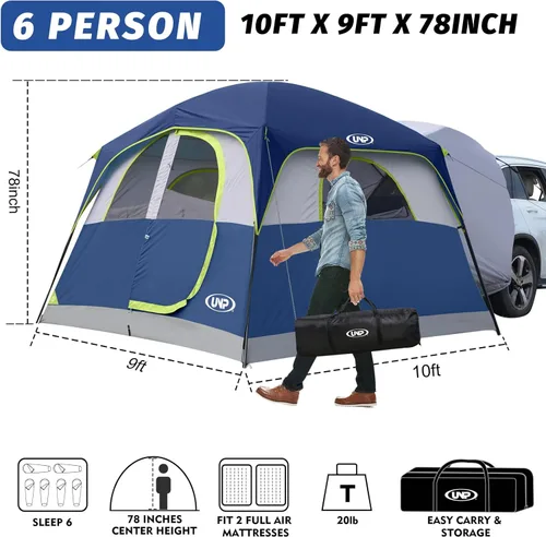 Vista 2 de UNP Tienda de campaña SUV para acampar, tienda de campaña SUV para 6 personas con portón trasero - fácil instalación con sobretecho, 10'x9'x78in(H)