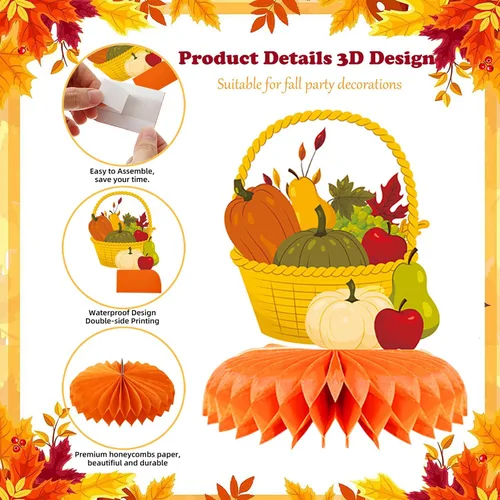 Vista 3 de Centro de mesa de Acción de Gracias, 9 piezas, decoración de mesa de otoño, calabaza, pavo, panal, Acción de Gracias, centro de mesa para decoración