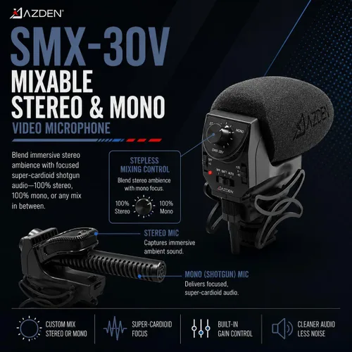 Vista 2 de AZDEN SMX-30V Estéreo/Mono Micrófono de Video Mezclable