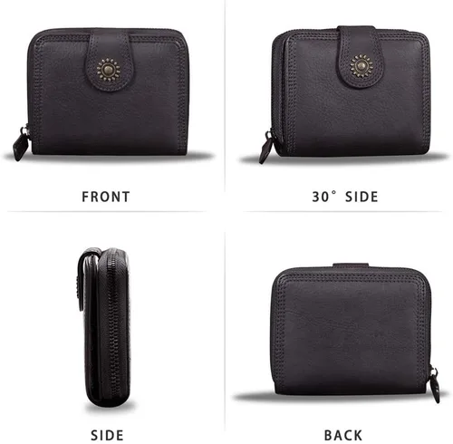 Vista 5 de Billeteras de cuero plegables para mujer, estilo vintage, hechas a mano, pequeño, con cremallera, Negro -, Billetera plegable