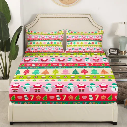 Vista 3 de Juego de sábanas con diseño de Papá Noel y muñeco de nieve para niños, niñas y niños, de temática navideña, juego de cama con diseño de árbol
