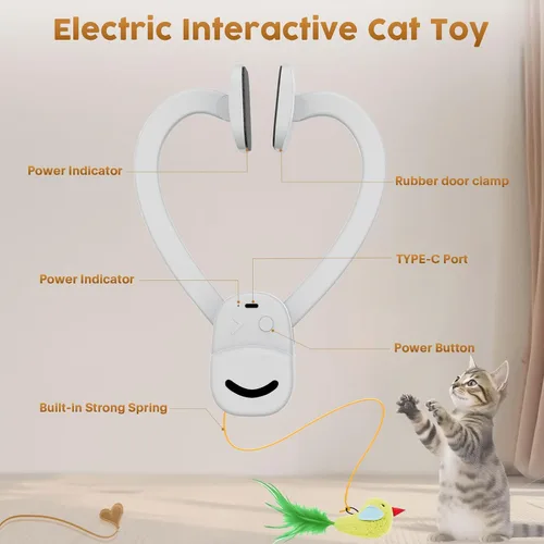 Vista 5 de Juguetes interactivos para gatos de interior: varita de plumas de ave voladora automática, juguete de persecución, ejercicio, enriquecimiento y Gris