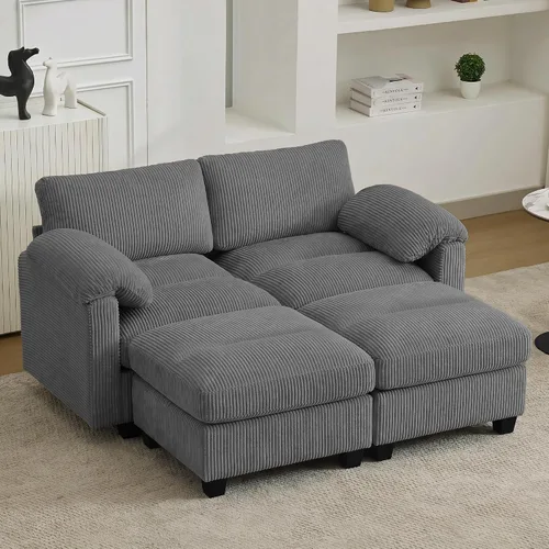 Vista 59 de Sofá modular de 61 pulgadas con otomana, asiento extra profundo para sala de estar, sofá de asiento profundo de pana con almohadas para Beige