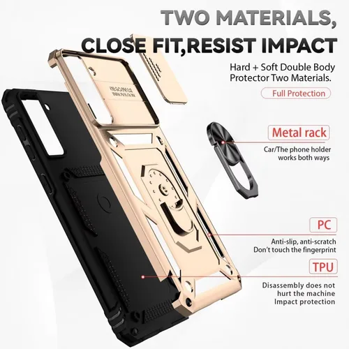Vista 3 de Funda para Galaxy S21 5G, Samsung S21 SM-G991U con protector de pantalla de vidrio templado y cubierta de cámara deslizante, anillo magnético