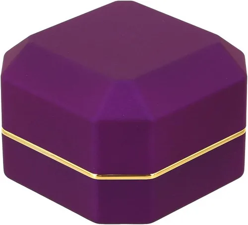 Vista 4 de Caja de anillo de compromiso de propuesta de terciopelo de forma cuadrada Caja de regalo de moneda de joyería de luz LED (morado)