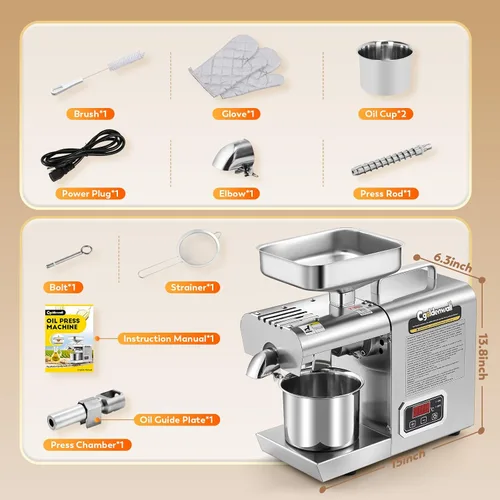 Vista 7 de CGOLDENWALL Máquina de Prensa de Aceite, Prensa Automática de Aceite, Extractor de Aceite de 1000W para Prensado en Frío y Caliente, Extractor