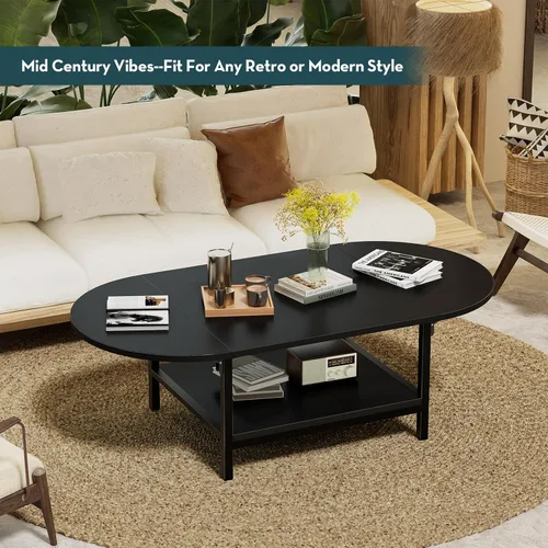 Vista 5 de SAYGOER - Mesa de café negra moderna con extensión y almacenamiento para sala de estar, mesa central única de 2 niveles con dos paneles plegables