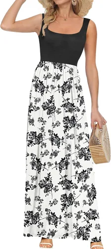 Vista 6 de AUSELILY Vestido largo con cuello cuadrado para mujer, sin mangas, floral, holgado, con bolsillos