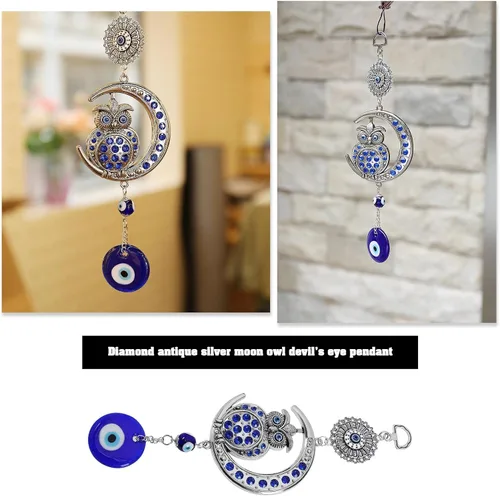 Vista 2 de Decoración azul contra el mal de ojo, adorno colgante de búho, colgante de luna, amuleto para colgar en la pared, accesorios