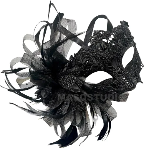 Vista 2 de MASQ Par de máscaras de encaje brocado para mascarada, Mardi Gras, cumpleaños, graduación, boda, fiesta Bk Lace W Pluma