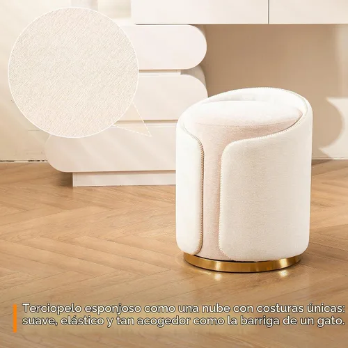 Vista 5 de Taburete Giratorio de Tocador con Base Dorada Cómoda Silla de Tocador Taburete Redondo Moderno para Tocador de Maquillaje Otomana de Tocador Beige