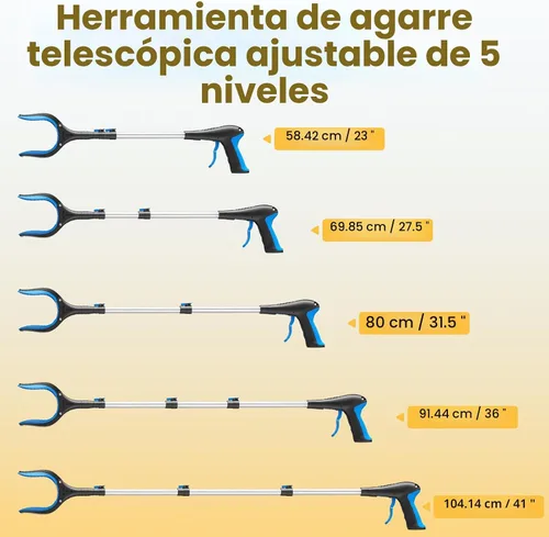 Vista 2 de Herramienta Telescópica de Alcance, Longitud Ajustable de 5 Niveles (23'' a 41'') - Garra Recogedora de Basura, Palo de Recogida Resistente