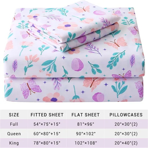 Vista 7 de Viviland Juego de sábanas tamaño matrimonial con estampado botánico de mariposas y flores rosadas y moradas, 4 piezas, sábanas de microfibra suave