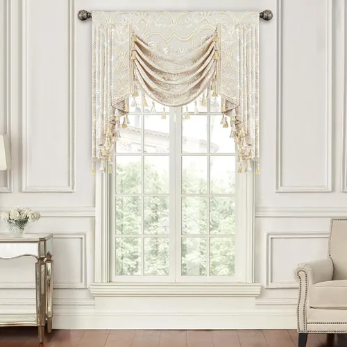 Vista 46 de Loom and Mill Cenefa de cascada de lujo de jacquard para sala de estar, elegantes cenefas de ventana con festones y cuentas damascadas, cortinas