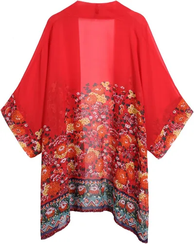 Vista 4 de olrain - Cárdigan estilo kimono holgado y traslúcido, de gasa, con estampado floral, para mujer