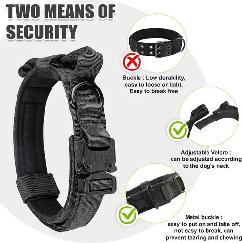 Vista 4 de KCUCOP Collar táctico para perro, collar militar con asa, collar K9 grueso, ajustable, resistente, para perros grandes y medianos (negro, L)