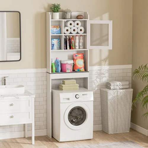Vista 3 de SUPER DEAL - Mueble de baño de madera con estantes ajustables, uso sobre el inodoro Blanco