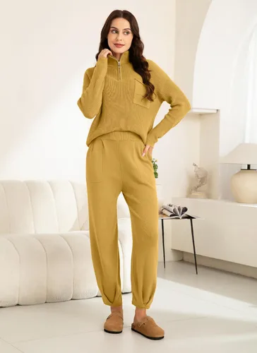 Vista 4 de softome Conjunto de 2 piezas para mujer, suéter de manga larga, con cremallera de 14, suéter de punto, pantalones casuales, conjunto de ropa