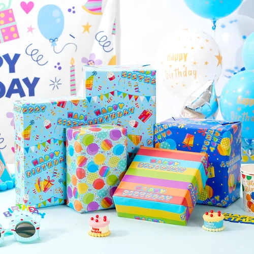Vista 2 de PlandRichW Papel de regalo de cumpleaños, 4 divertidos diseños de fiesta, globos, arcoíris, cupcakes, confeti, plegado de 20 x 29 pulgadas, 12