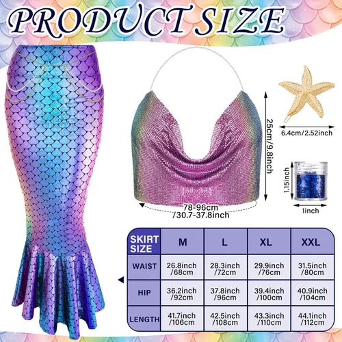 Vista 2 de Jiuguva 5 piezas de disfraz de sirena para mujer, falda de cadena metálica, estrella de mar, clip para el cabello, gel con purpurina para Halloween