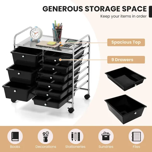 Vista 5 de LDAILY Carrito de almacenamiento con ruedas de 9 cajones, carrito rodante con cajones para aula, organizador de manualidades con ruedas con marco