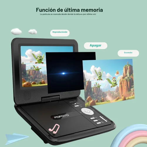 Vista 5 de POFOTO Reproductor de DVD portátil de 9.5 pulgadas para niños y automóvil con pantalla giratoria de 7.5 pulgadas, tiempo de trabajo de 4 a 6 horas