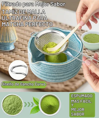 Vista 3 de JBER Juego de matcha con cuenco de cerámica de 17 onzas, batidor de bambú retro azul