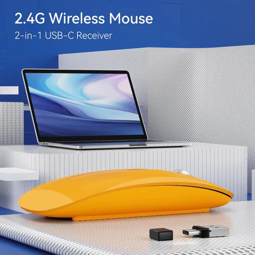 Vista 7 de Uiosmuph Ratón inalámbrico G11, mouse de computadora recargable USB C, ratones silenciosos delgados de 2.4 GHz óptico con receptor USB Nano y Naranja