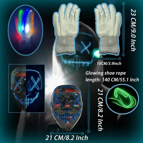 Vista 2 de Juego de guantes de máscara de Halloween con encaje brillante disfraces de Halloween para adultos y niños máscara de purga recuerdos de fiesta