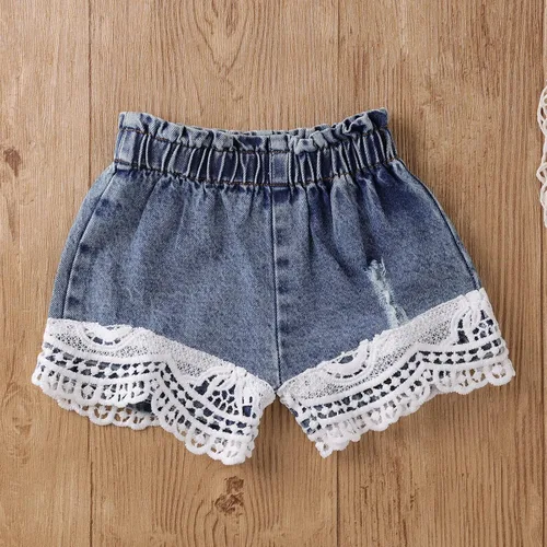 Vista 9 de ODIMAME Conjunto de ropa para bebé niña con encaje blanco + jeans rasgados + diadema, conjunto de ropa de verano de 3 piezas