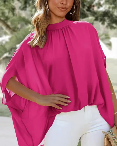 Vista 62 de BTFBM Blusas de verano para mujer, cuello alto falso, manga murciélago, holgadas, dobladillo alto y bajo, blusas informales de gran