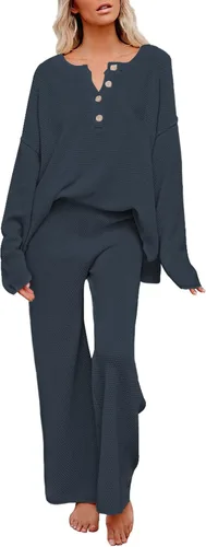 Vista 10 de Viottiset Conjunto de 2 piezas para mujer, sudadera de punto de manga larga, pantalones de pierna ancha, ropa de descanso Beige