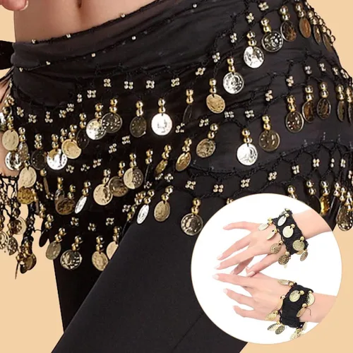 Vista 6 de Bufandas para la cadera de danza del vientre, faldas onduladas para mujer, envueltas con 128 monedas de oro, 11