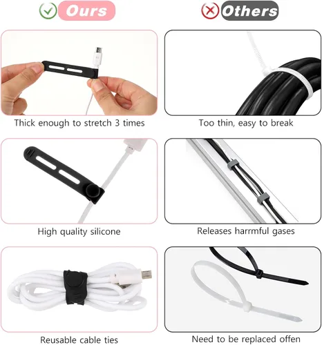 Vista 3 de Molain Sujetacables reutilizables, 20 correas de cable multifuncionales de silicona ajustables, organizador de cables para cables de carga
