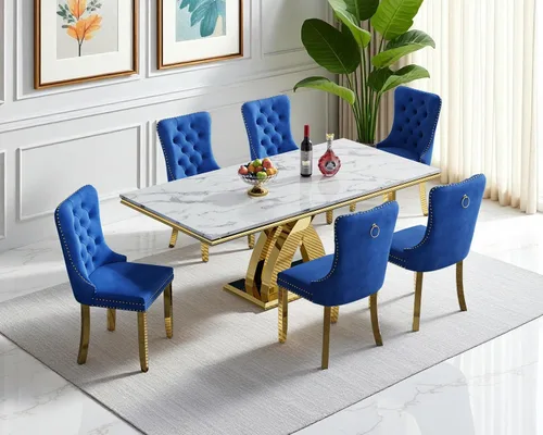 Vista 36 de Juego de 4 mesas de comedor blancas y doradas, mesa de cocina rectangular de 68 pulgadas con parte superior de mármol sintético blanco, mesa de Mesa