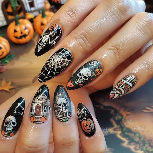 Vista 44 de Paquete de 6 144 uñas acrílicas de Halloween a presión, uñas postizas reutilizables de cobertura completa, uñas postizas adhesivas con pegamento H103