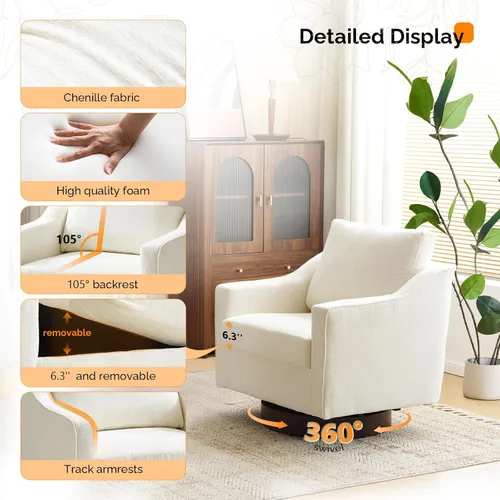 Vista 3 de VINGLI Silla giratoria moderna de estilo mitad de siglo, sillón tapizado 360°, sofá para el hogar con brazos de seguimiento para sala de estar