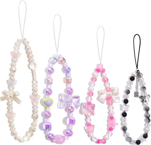 Vista 8 de 4 piezas de lindos encantos para teléfono con estilo Y2K, correa de muñeca para celular con cuentas brillantes, oso, cruz, corazón, accesorios