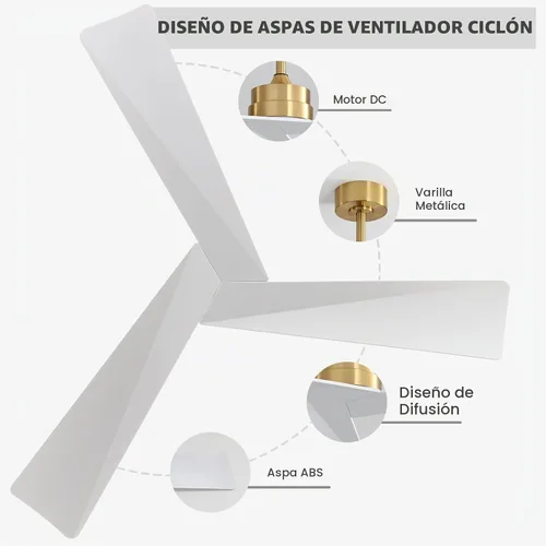 Vista 5 de WINGBO Ventilador de techo CC de 52 pulgadas sin luces, ventilador de techo de latón y blanco con control remoto, 3 cuchillas de plástico ABS, motor