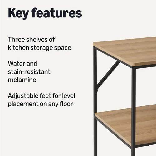 Vista 3 de Amazon Basics Isla de cocina con 3 estantes de almacenamiento, efecto negro y roble, superficie de melamina, pies ajustables