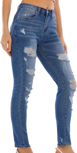 Vista 3 de AMCLOS Pantalones cortos de mezclilla casuales para mujer cintura alta elástica con agujeros rasgados desgastados con bolsillos