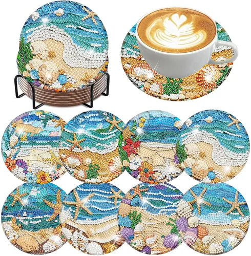 Vista 20 de ijbnhd 8 posavasos de pintura de diamantes de animales, posavasos de arte de diamantes con soporte para principiantes y adultos, suministros