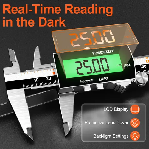 Vista 3 de Preciva Calibre digital de retroiluminación, micrómetro electrónico recargable impermeable IP54 de 6 pulgadas con pantalla LCD, conversiones