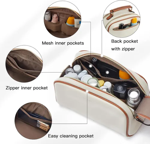 Vista 3 de Telena Neceser de viaje para maquillaje y aseo para mujer; bolsas de cosméticos impermeables de PU de cuero vegano; organizador de aseo portátil