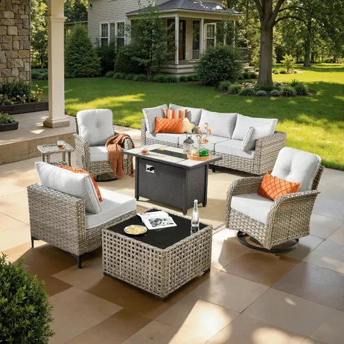 Vista 27 de ovios Muebles de patio de 8 piezas con hoguera, juego de conversación de mimbre de ratán para exteriores con mesa de centro brillante, cómodo sofá
